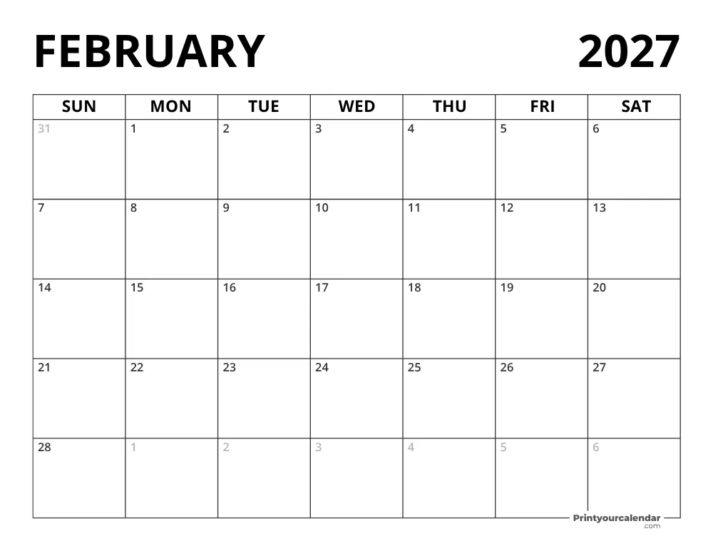 Blank February 2027 Calendar