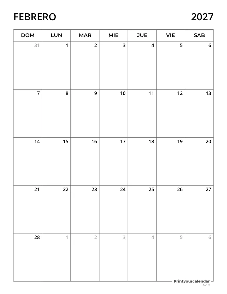 Calendario 2027 Febrero