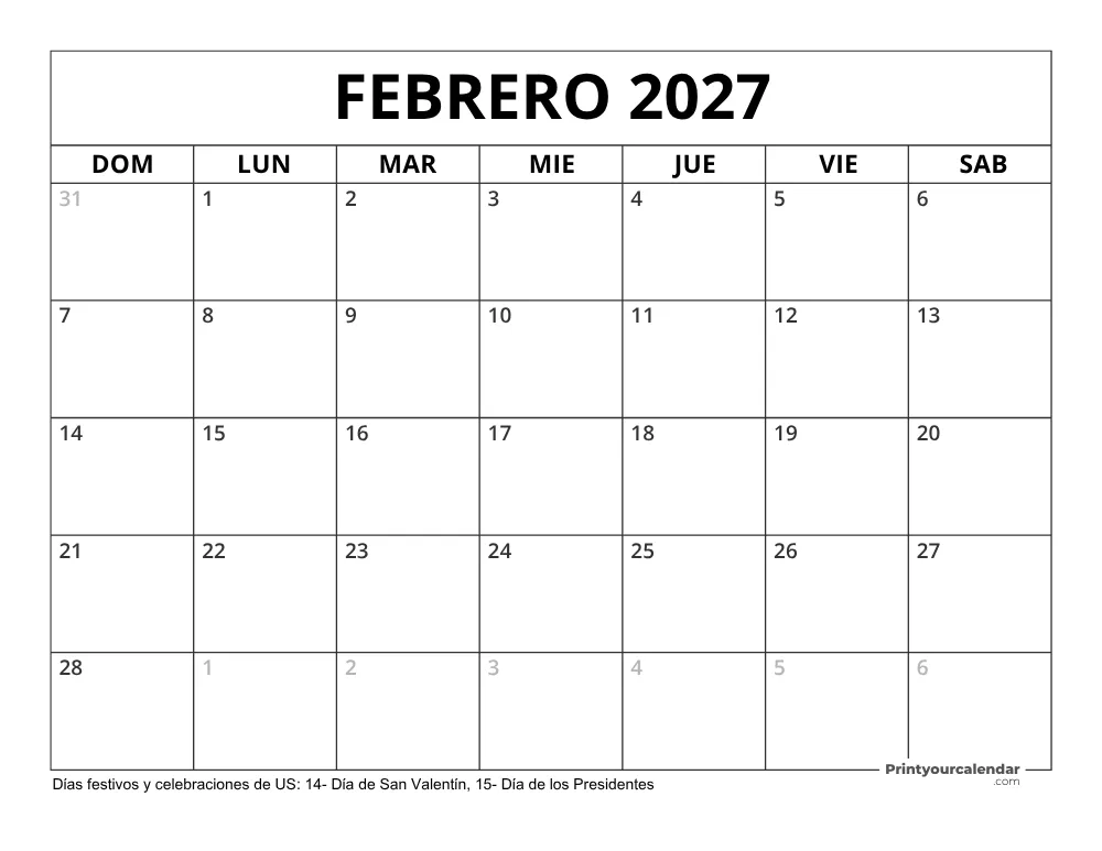 Calendario Febrero 2027 con Días Feriados