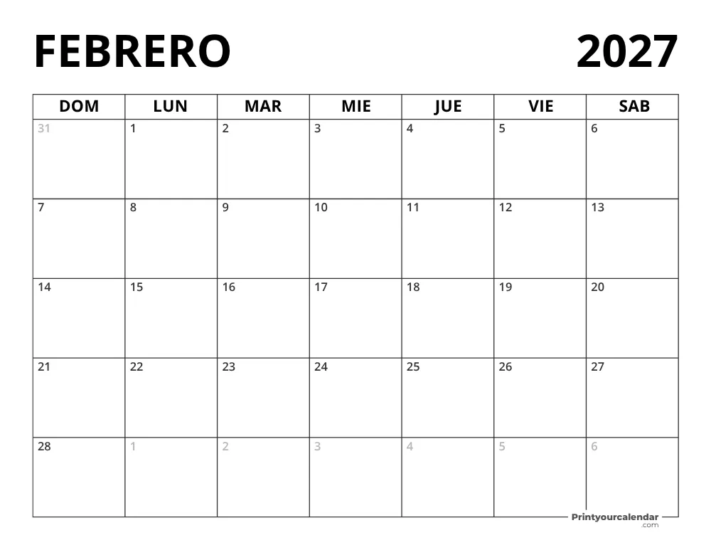 Calendario Febrero 2027 en blanco