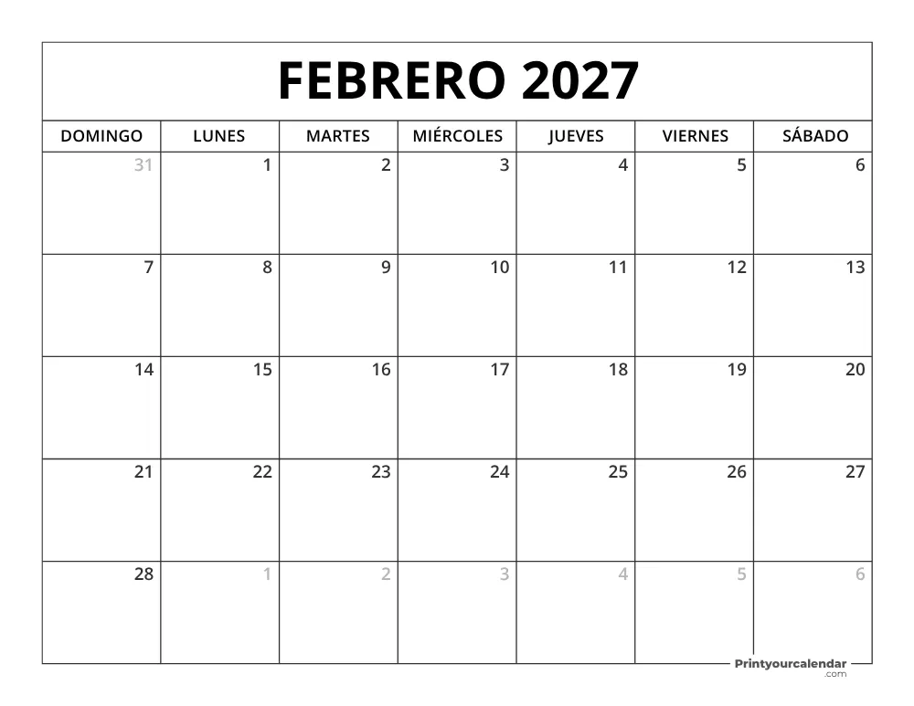 Calendario Febrero 2027 Para Imprimir