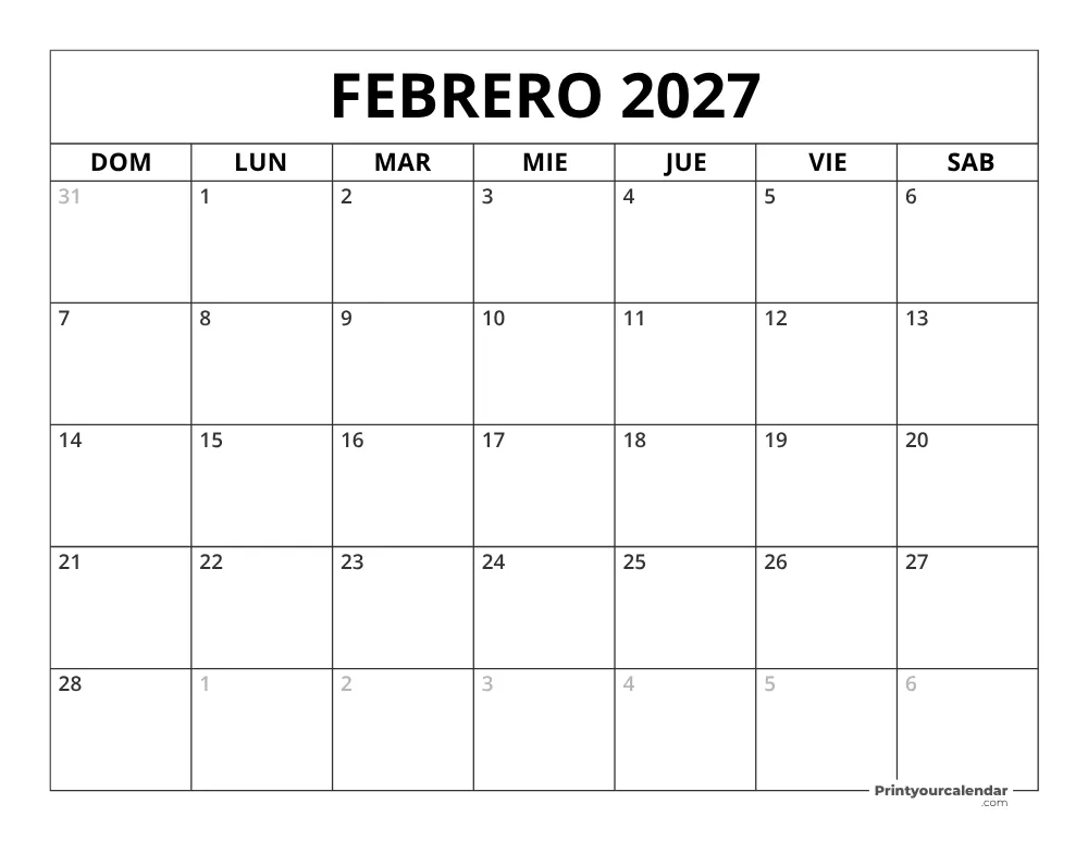 Calendario Febrero 2027