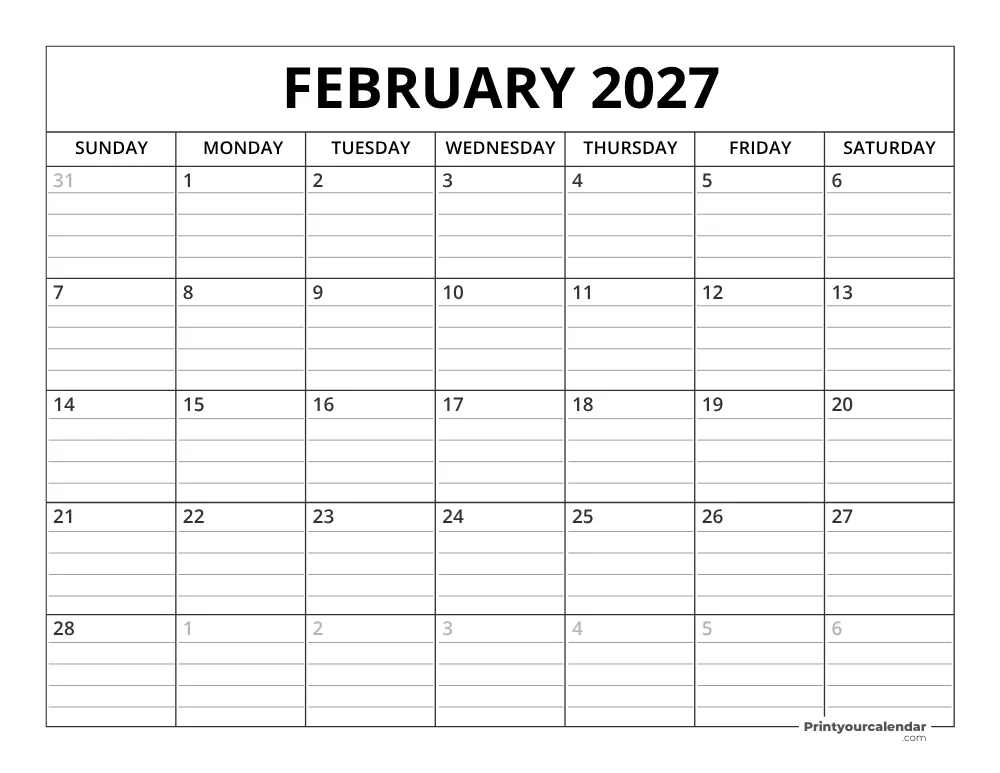 February 2027 Calendar Template
