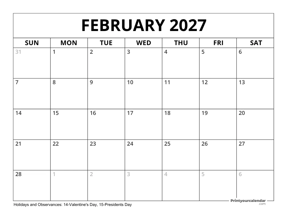 February 2027 Calendar with Holidays
