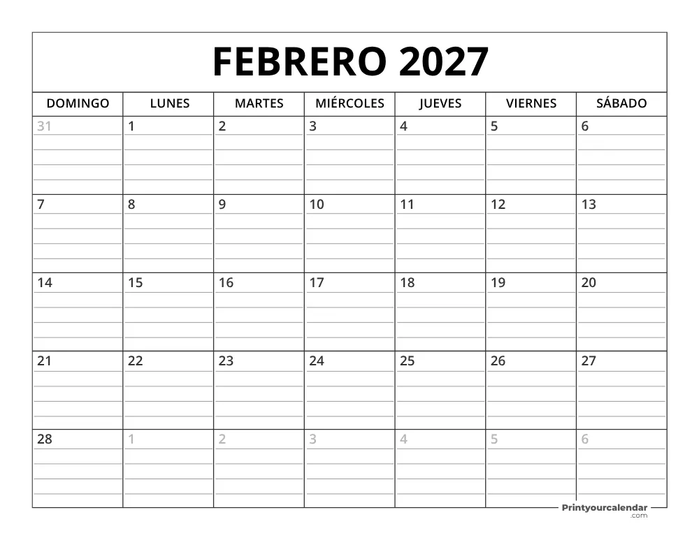 Plantilla de Calendario Febrero de 2027