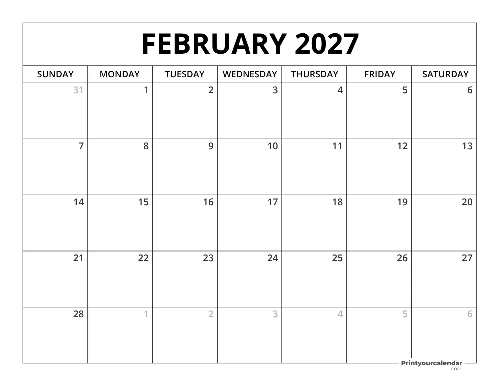 Printable February 2027 Calendar