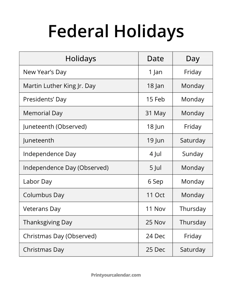 2027 Federal Holidays