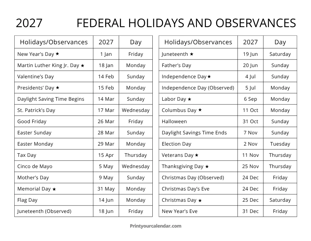 2027 US Holidays