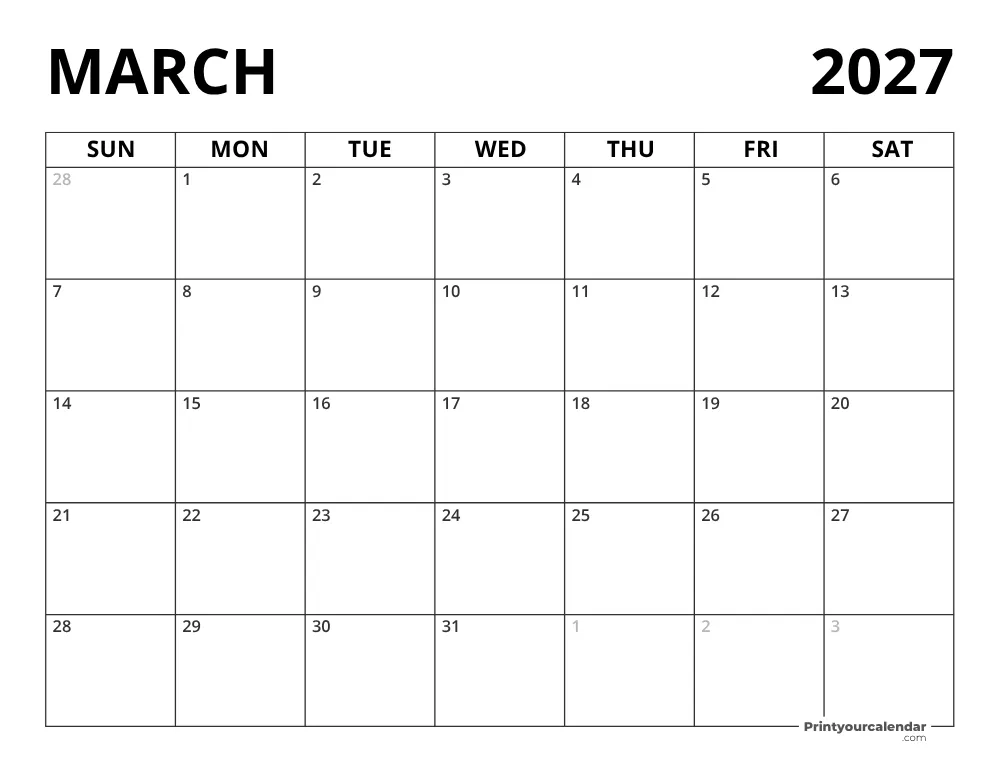 Blank March 2027 Calendar