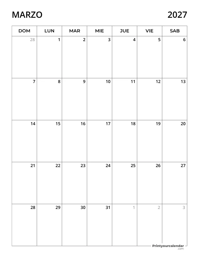 Calendario 2027 Marzo