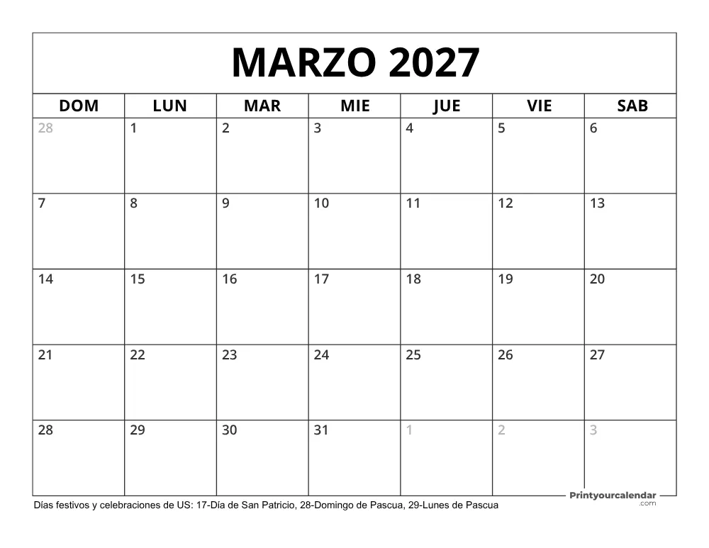 Calendario Marzo 2027 con Días Feriados