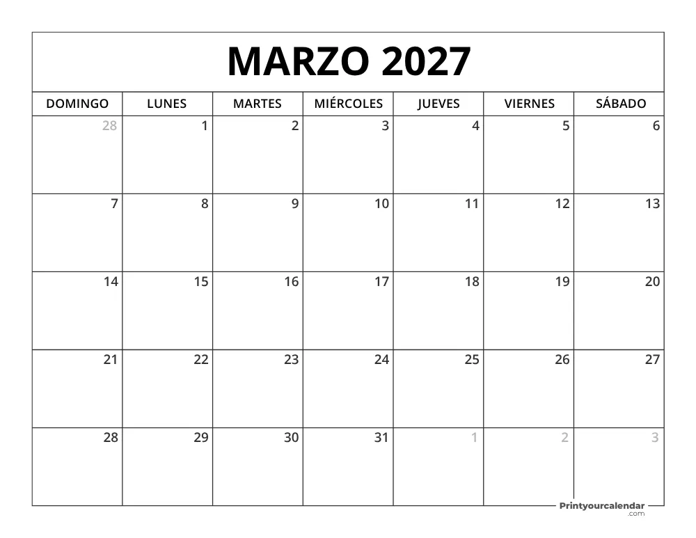 Calendario Marzo 2027 para imprimir