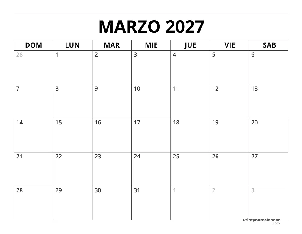 Calendario Marzo 2027