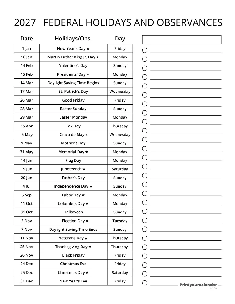 Complete List of US Federal Holidays 2027