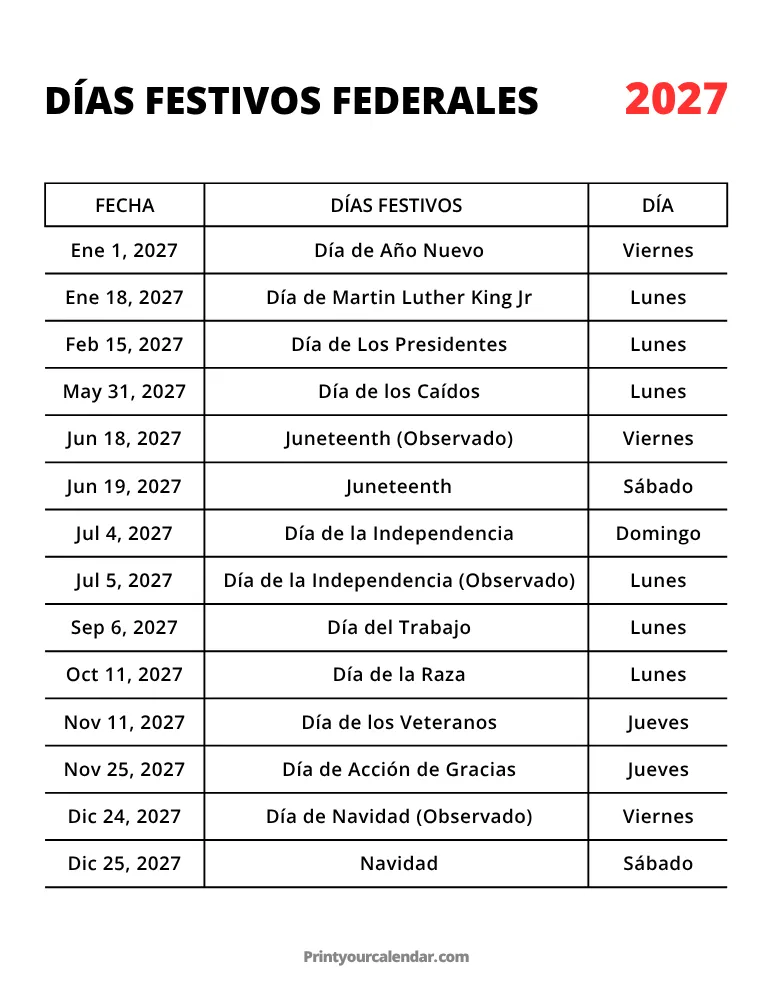 Días festivos de Estados Unidos 2027 para imprimir gratis