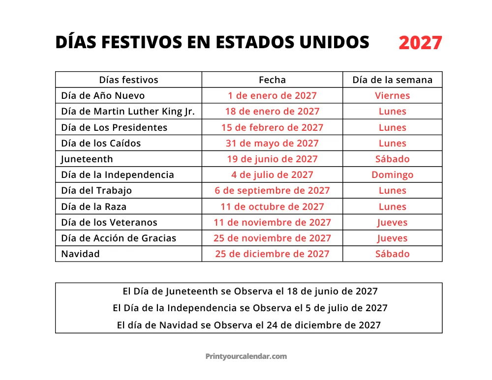 Días festivos de Estados Unidos 2027 para imprimir
