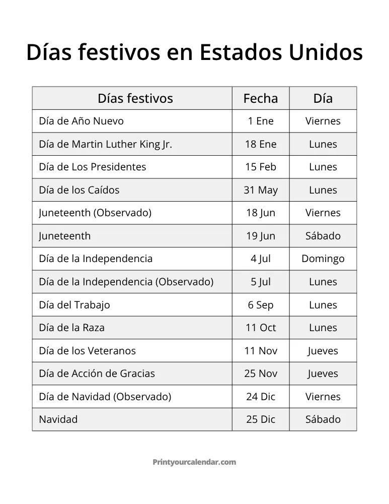 Días festivos en EE. UU. 2027