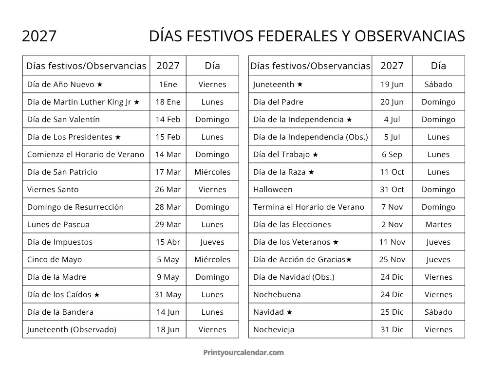 Días festivos en EE. UU. de 2027
