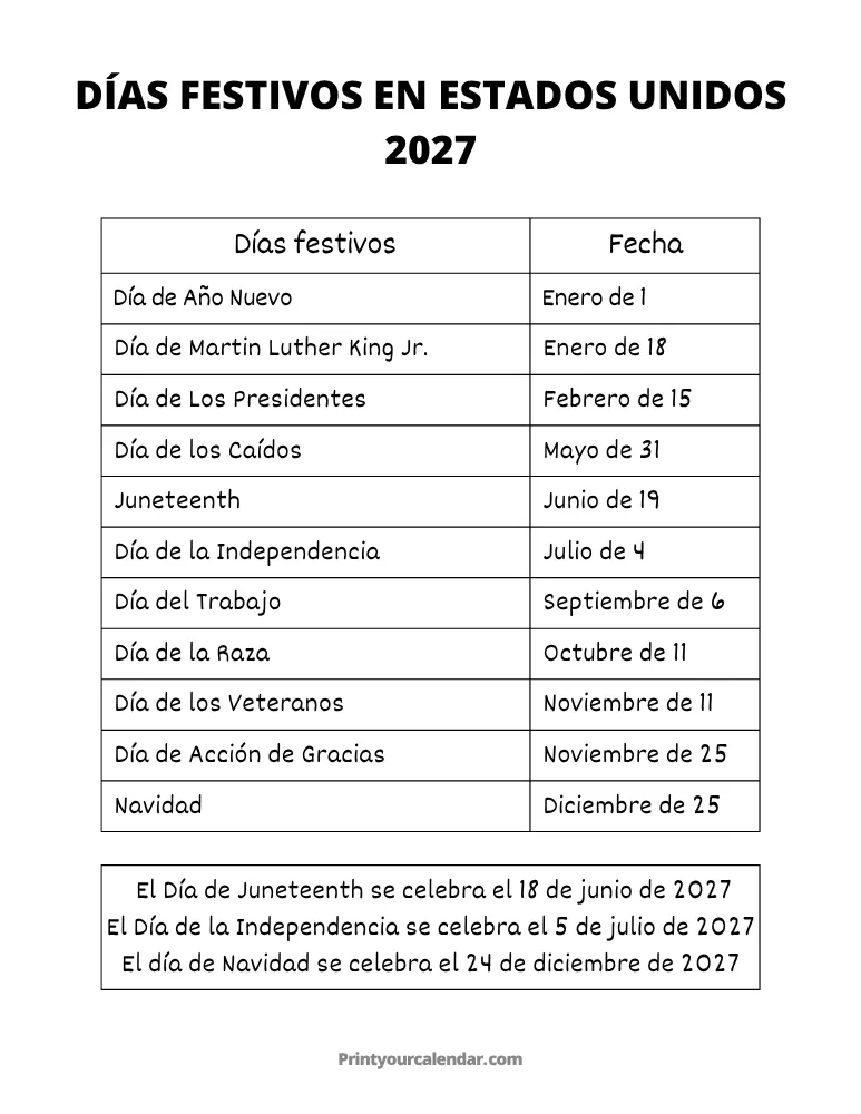 Días festivos en Estados Unidos 2027 para imprimir