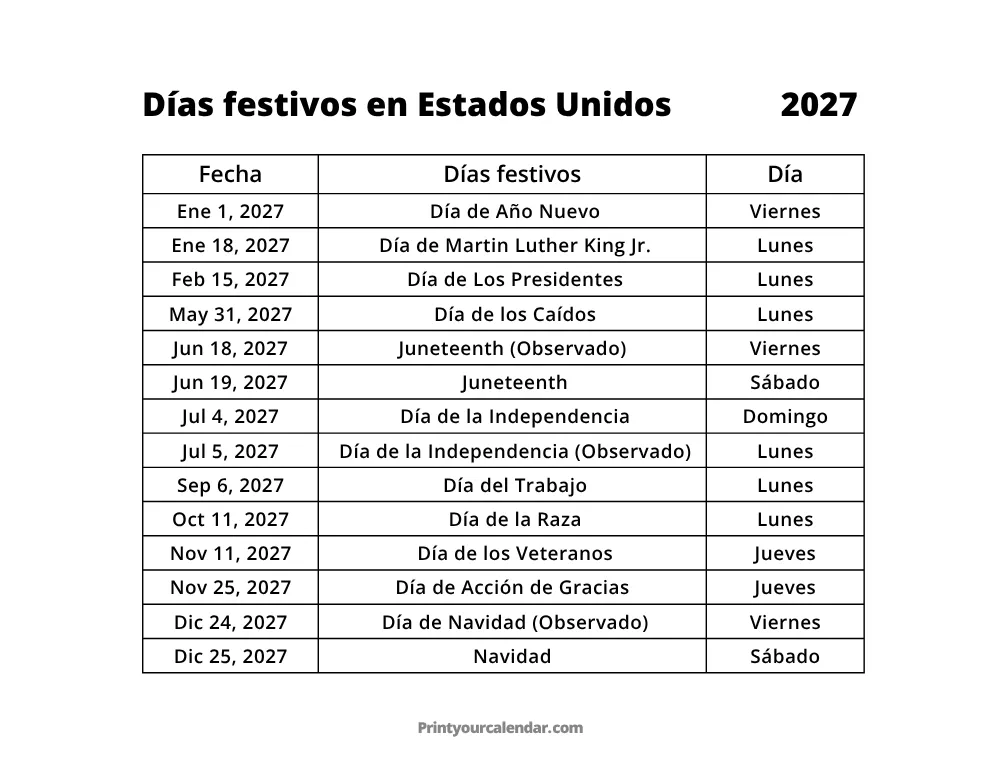 Días festivos federales de 2027 para imprimir gratis