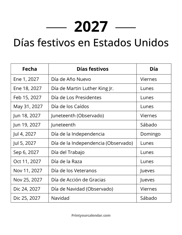 Días festivos federales de 2027