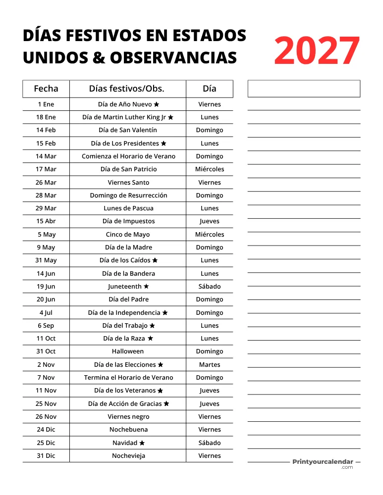 Días festivos federales de EE. UU. 2027