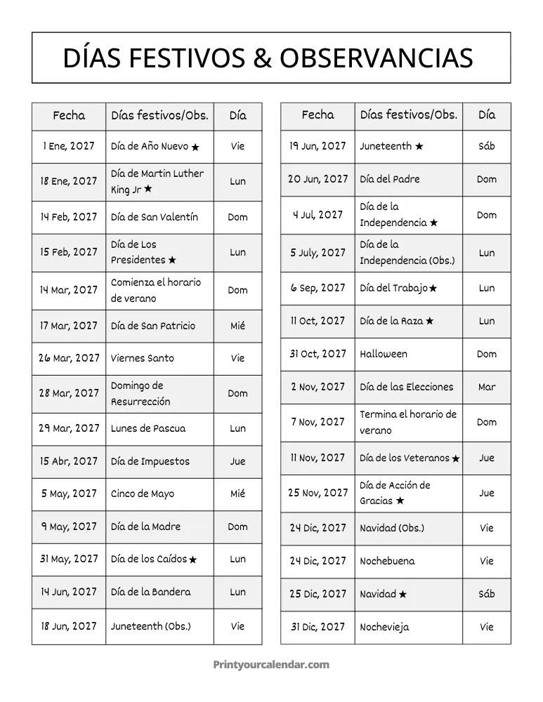 Días festivos y celebraciones en EE. UU. 2027