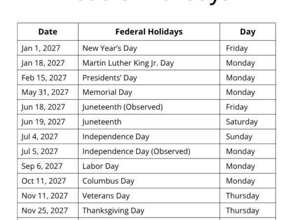 Días festivos federales de 2027