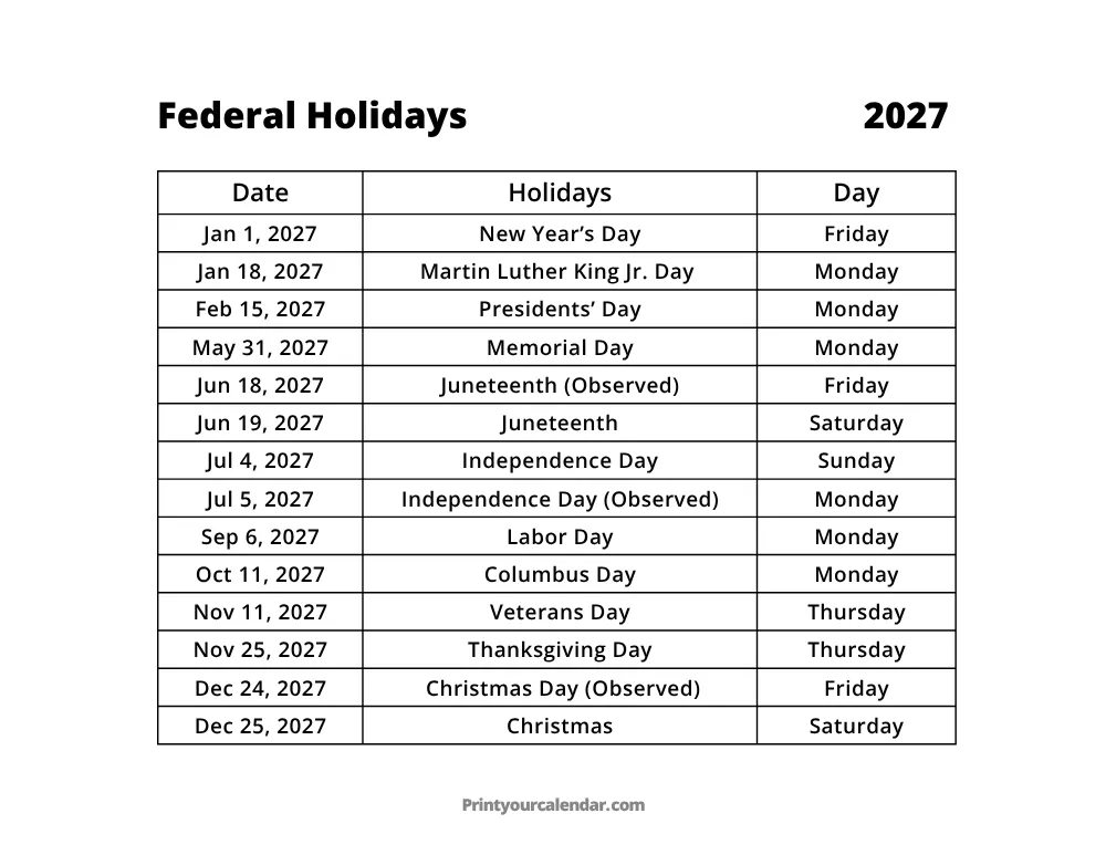 Federal Holidays 2027 Free Printable
