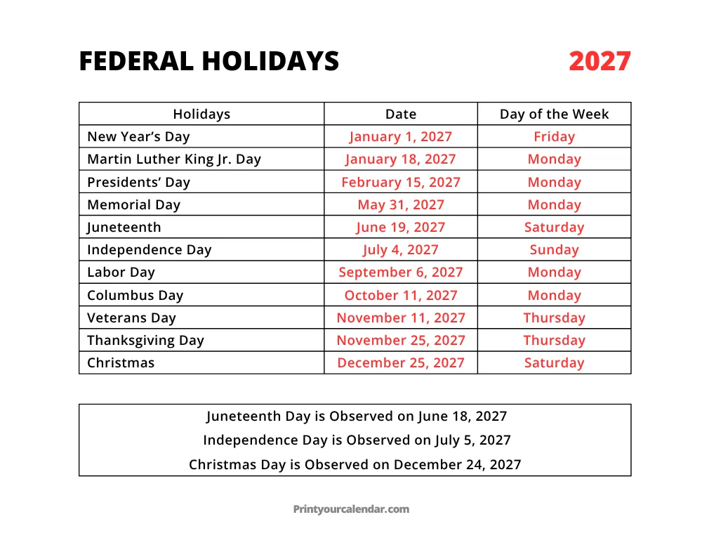 Federal Holidays 2027 Printable