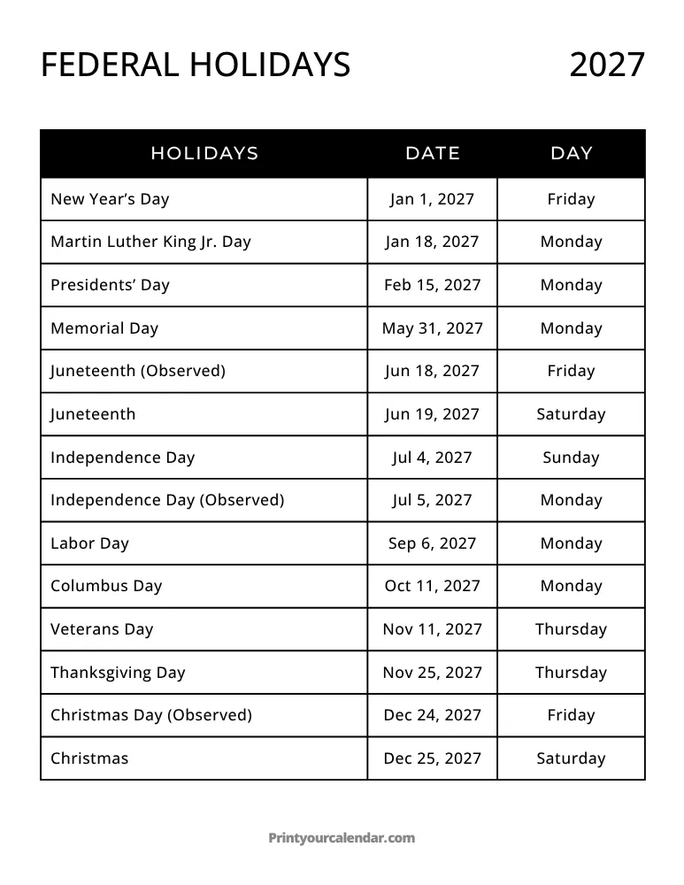 Federal Holidays 2027 Template