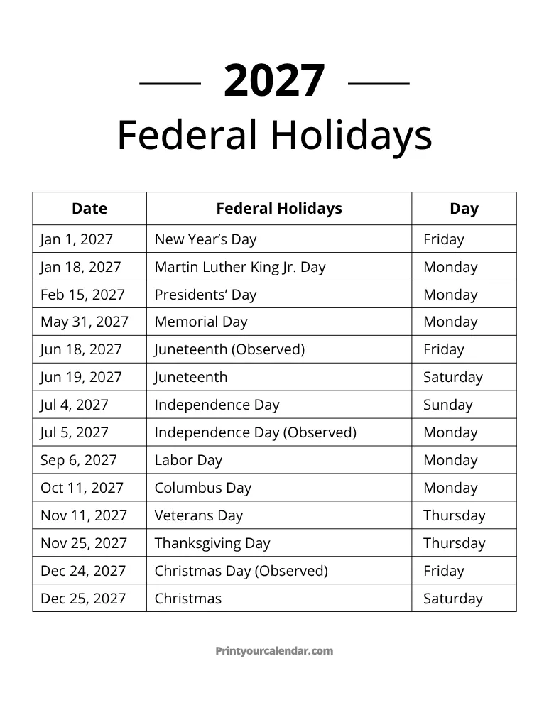 Federal Holidays 2027