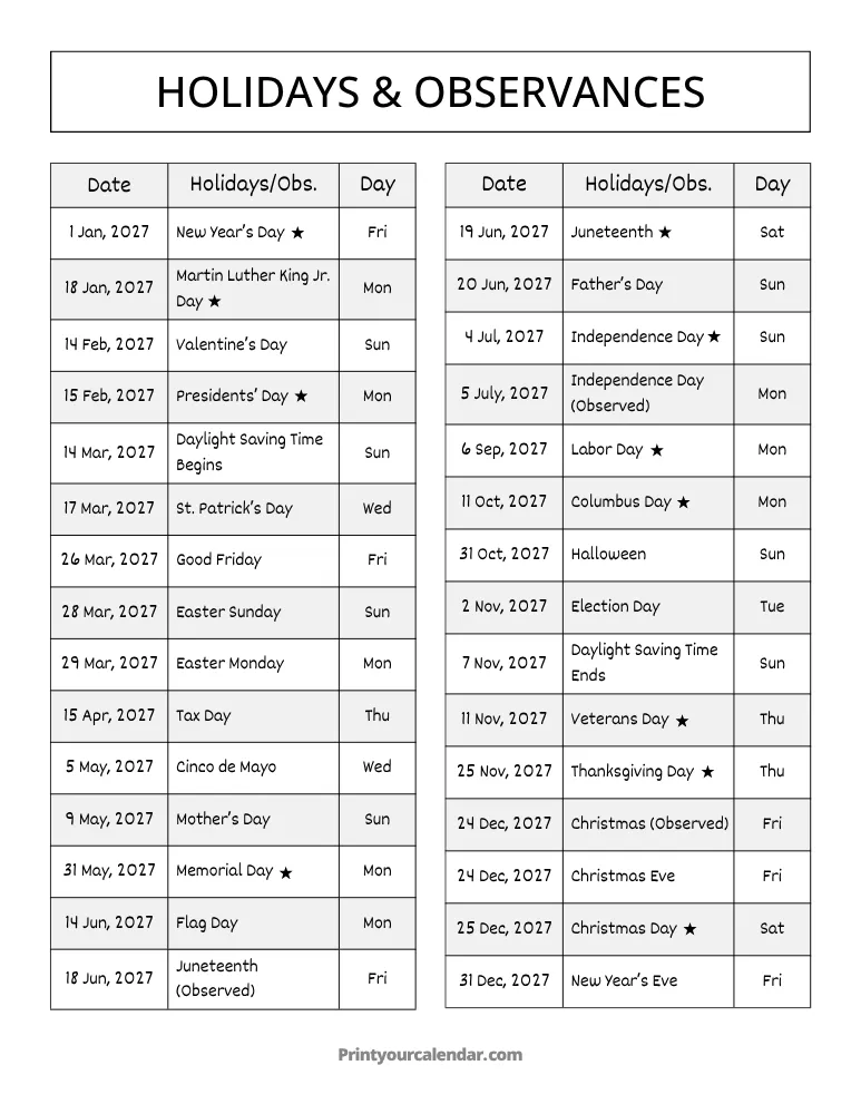 Federal Holidays and Observances 2027