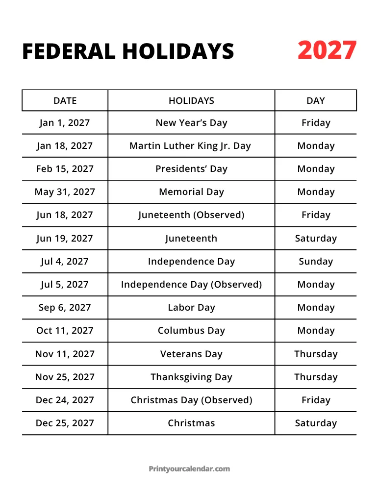 Free Printable Federal Holidays 2027