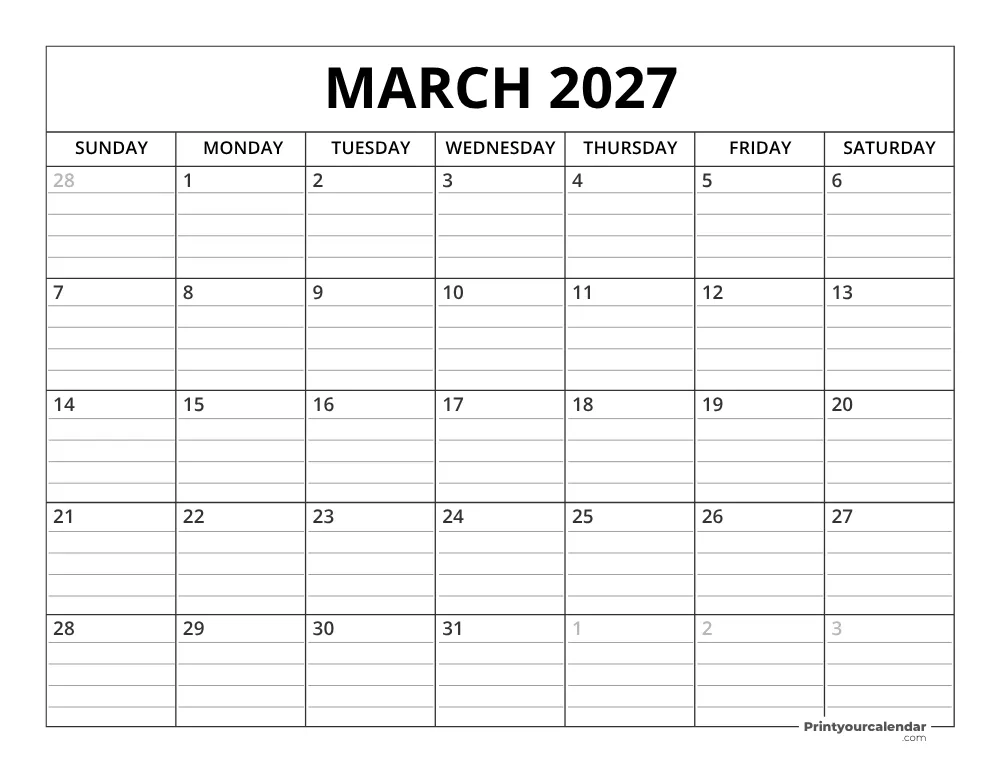 March 2027 Calendar Template