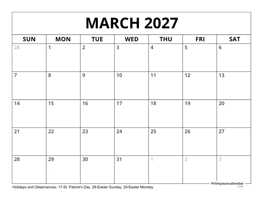 March 2027 Calendar with Holidays