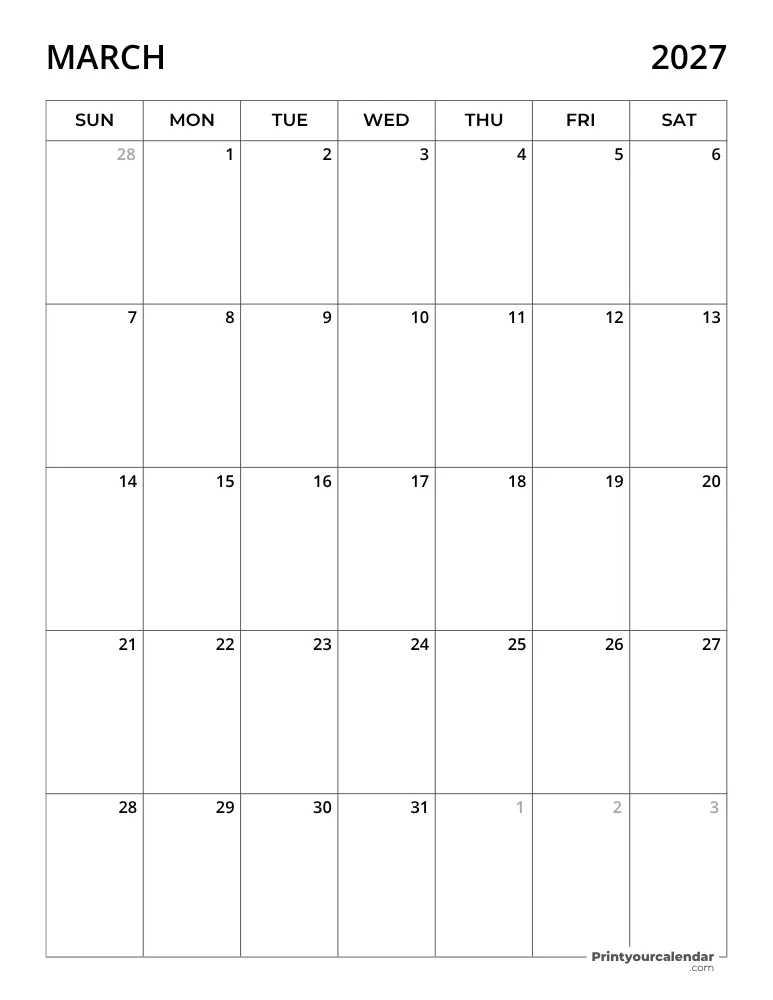 March Calendar 2027