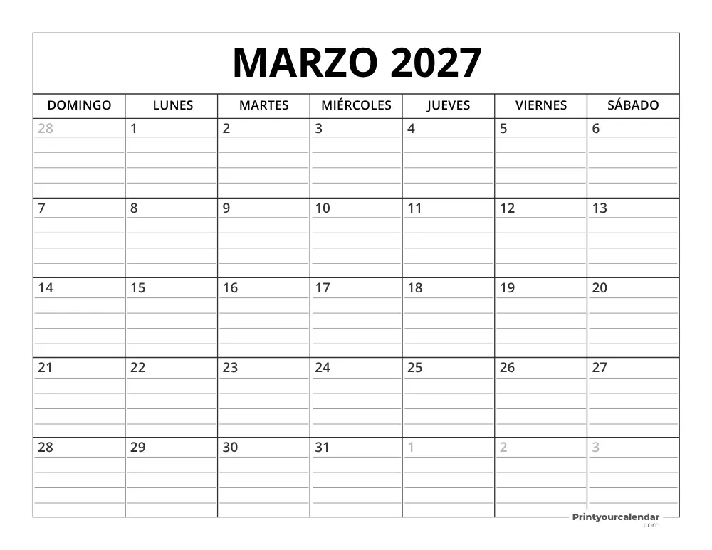 Plantilla de Calendario Marzo de 2027