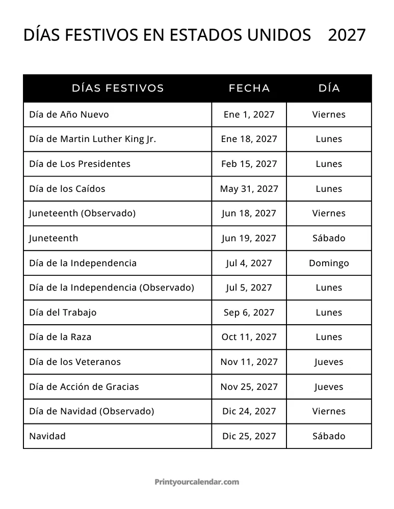 Plantilla de días festivos de EE. UU. para 2027