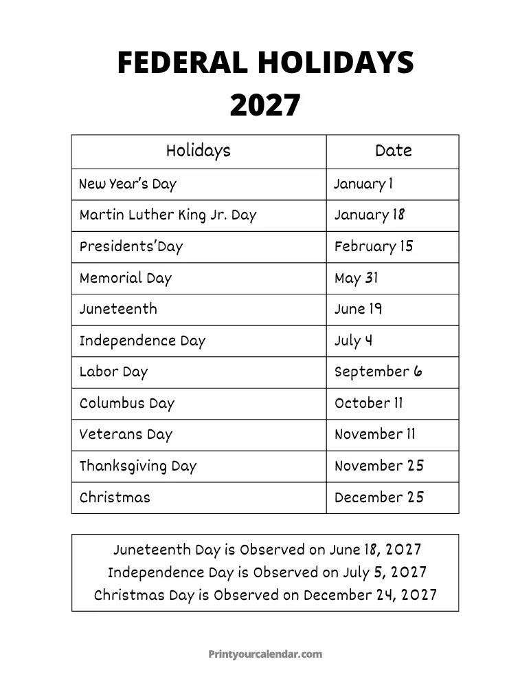 Printable Federal Holidays 2027
