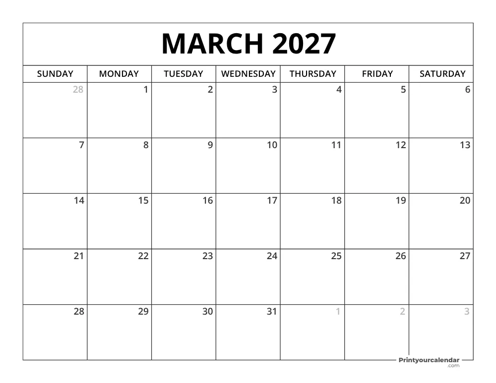Printable March 2026 Calendar