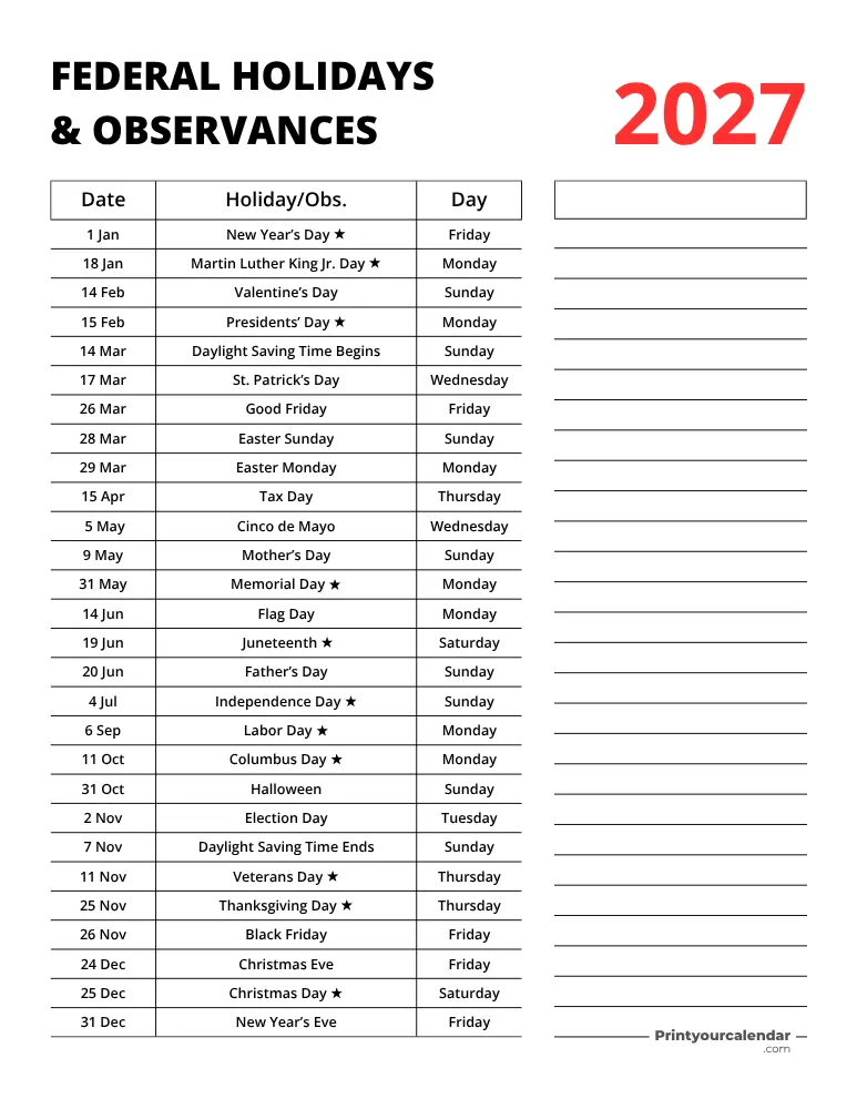 US Federal Holidays 2027