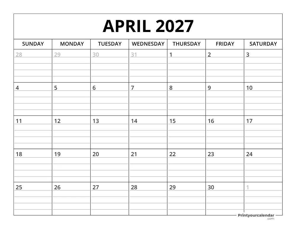 April 2027 Calendar Template