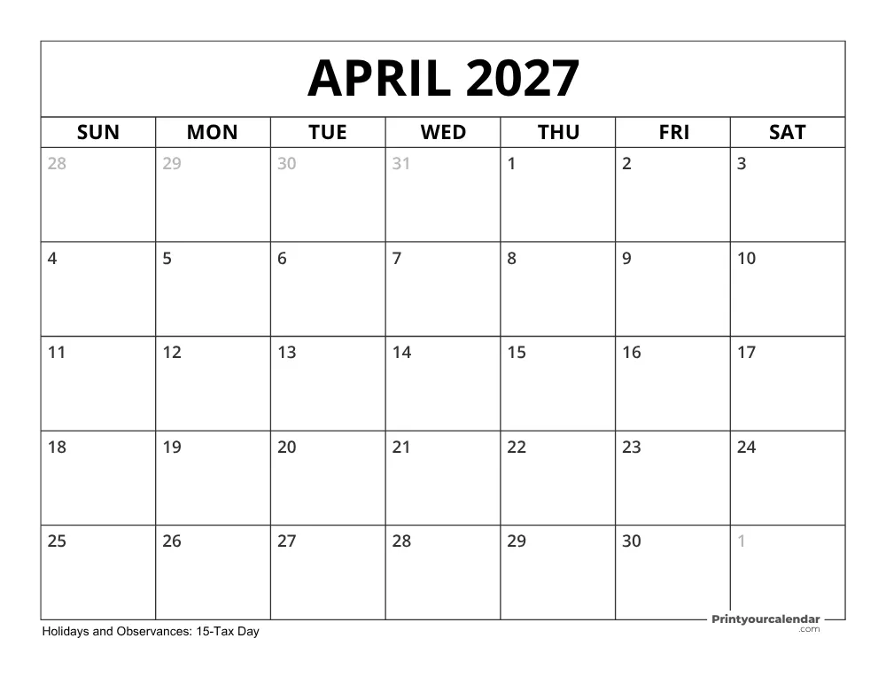 April 2027 Calendar with Holidays
