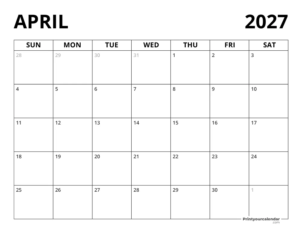 Blank April 2027 Calendar