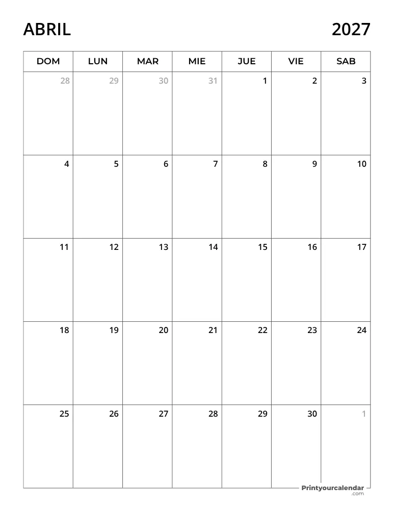 Calendario 2027 Abril