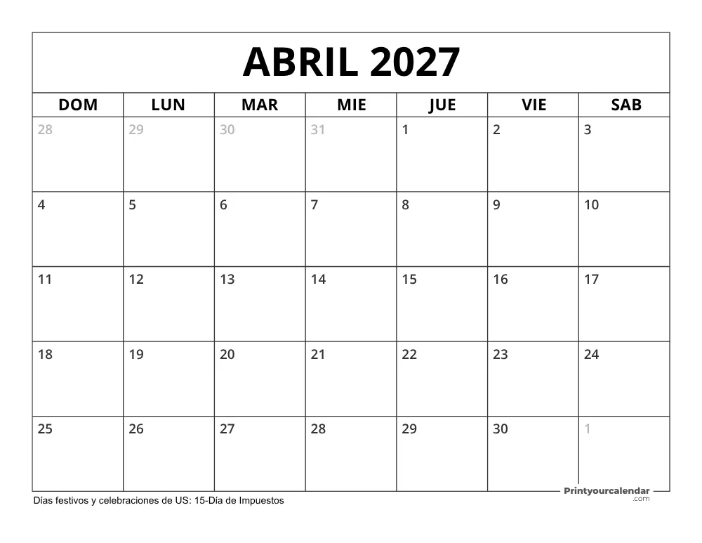 Calendario Abril 2027 con Días Feriados