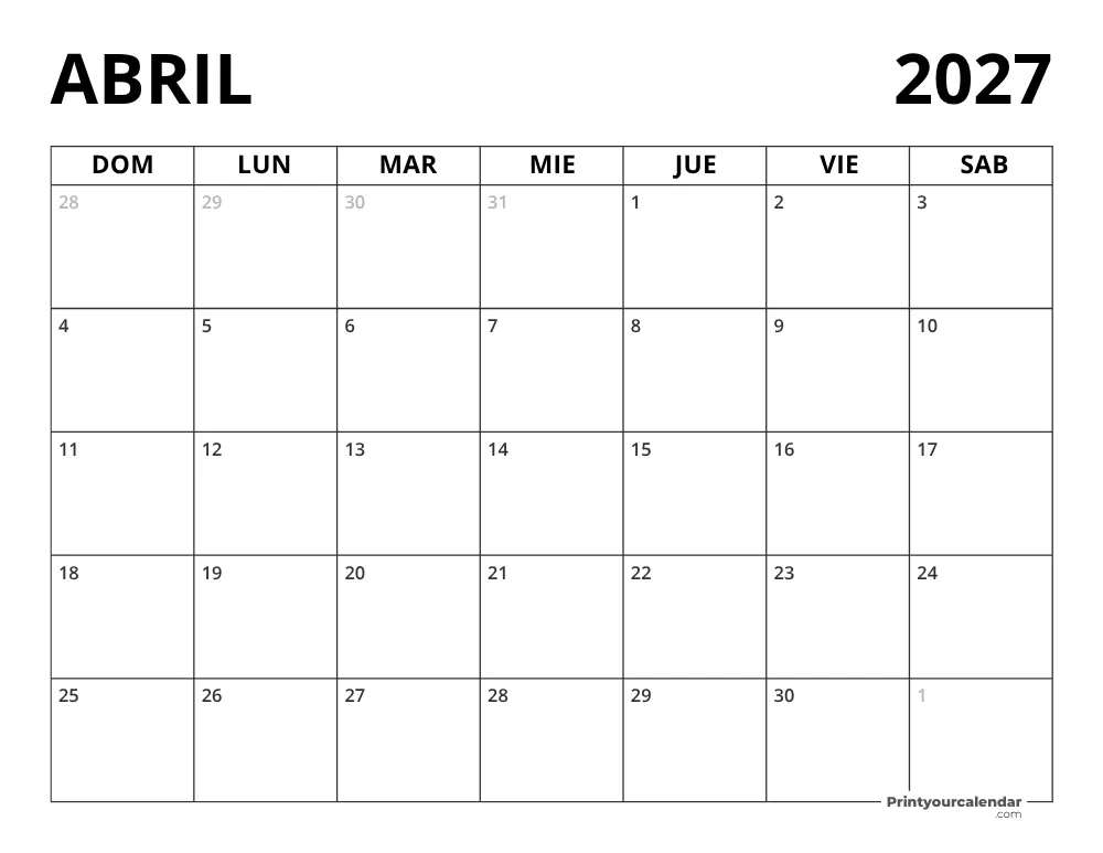Calendario Abril 2027 en blanco