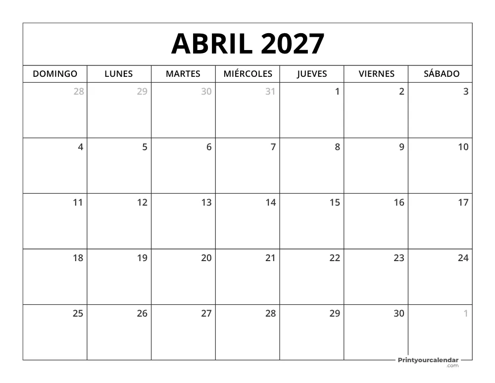 Calendario Abril 2027 Para Imprimir