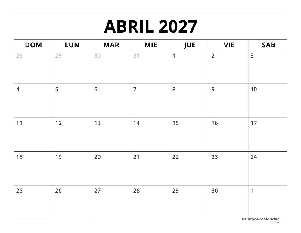 Calendario Abril 2027